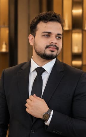 Adnan in a black suit and tie