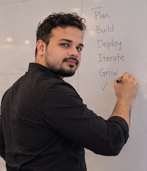 Adnan writing Plan, Build, Deploy, Iterate, Grow on a whiteboard
