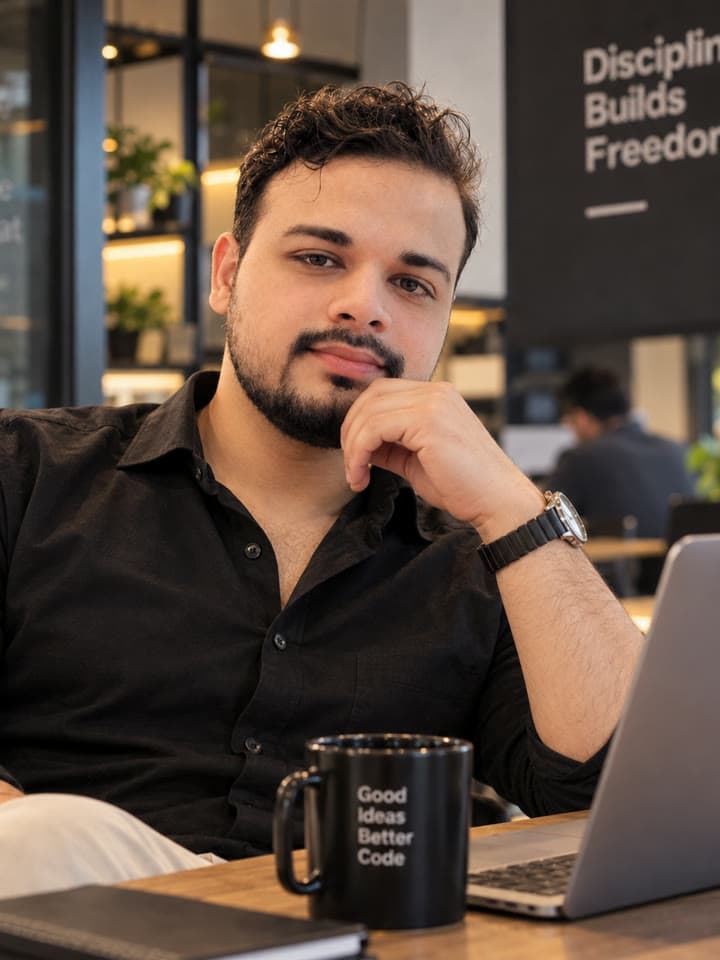 Adnan at a table with a laptop and a mug