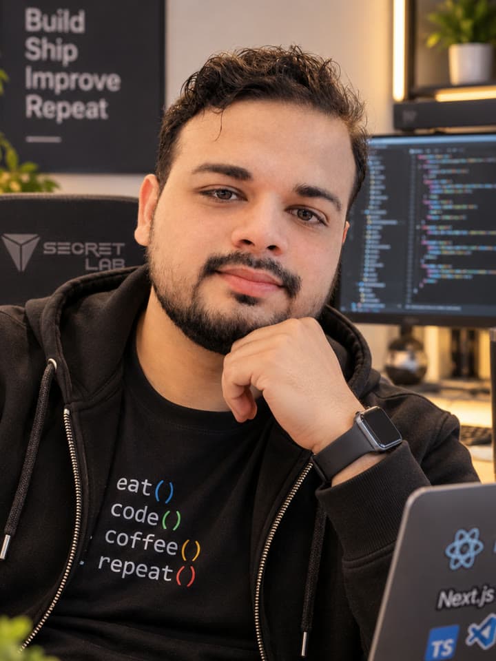 Adnan at his desk in a hoodie, code on the screen behind