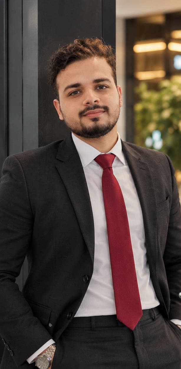 Adnan in a dark suit and red tie