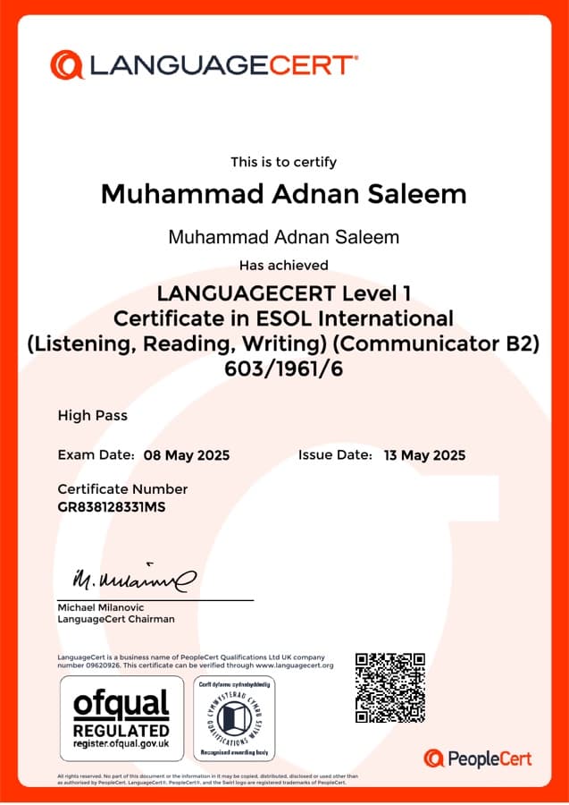 LanguageCert: ESOL International B2 (Listening, Reading, Writing) certificate