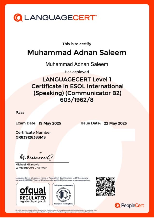 LanguageCert: ESOL International B2 (Speaking) certificate