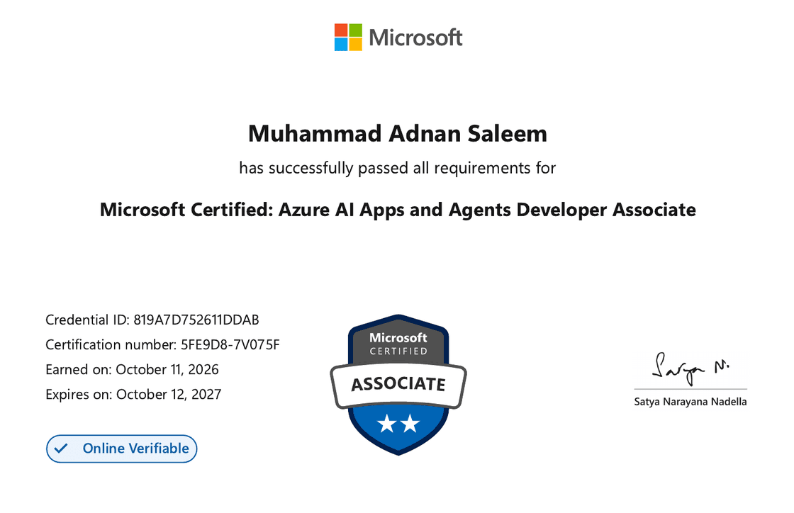 Microsoft Certified: Azure AI Apps and Agents Developer Associate (AI-103) certificate